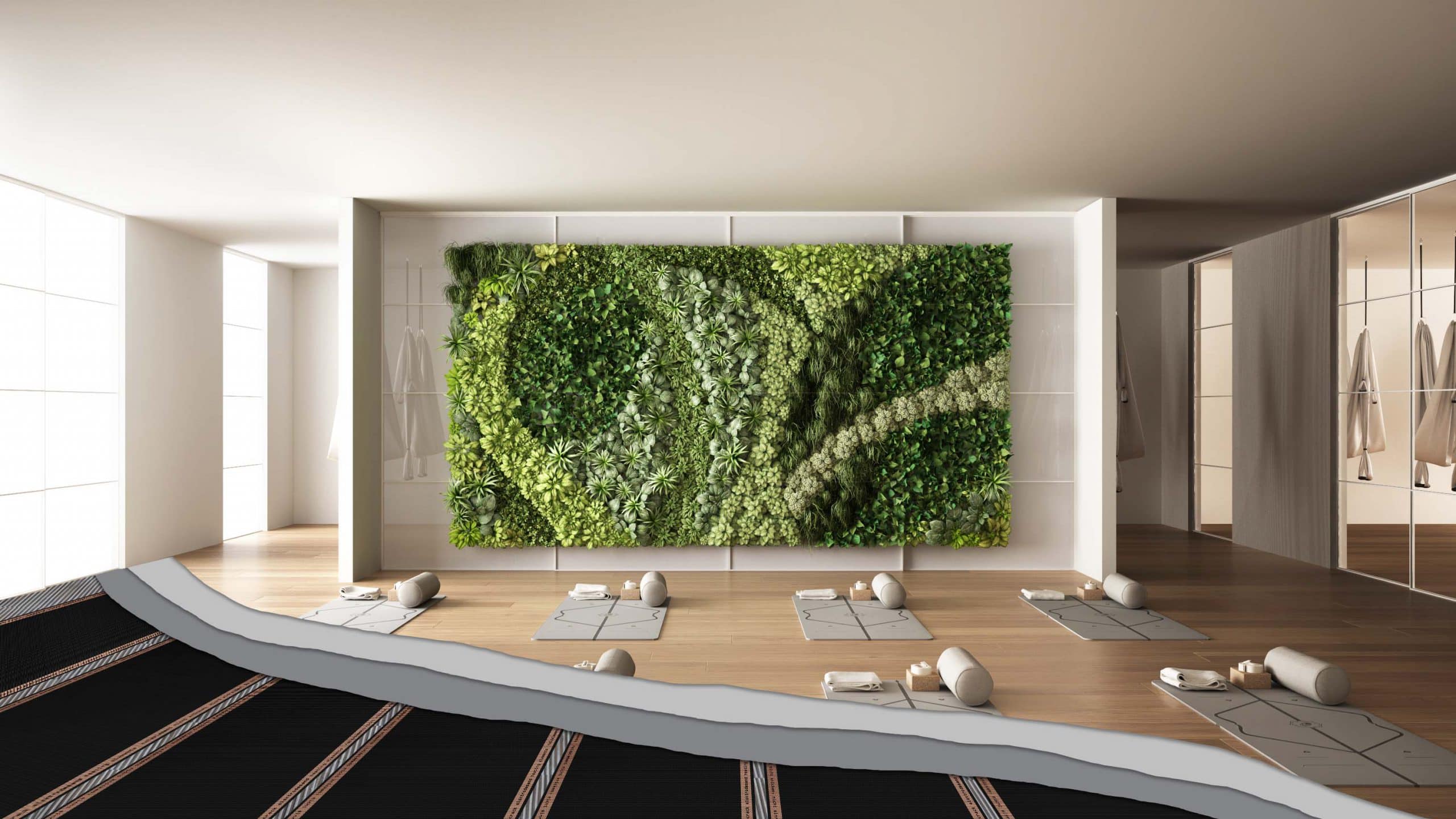 Empty,Yoga,Studio,Interior,Design,,Space,With,Mats,,Hammocks,,Pillows Gecombineerd met hernieuwbare energie laagste CO2